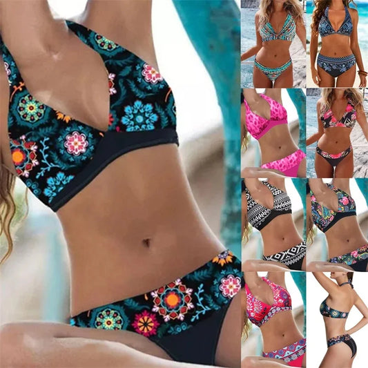 Two Piece Bikini Multicolor Ethnic Print Halter Top