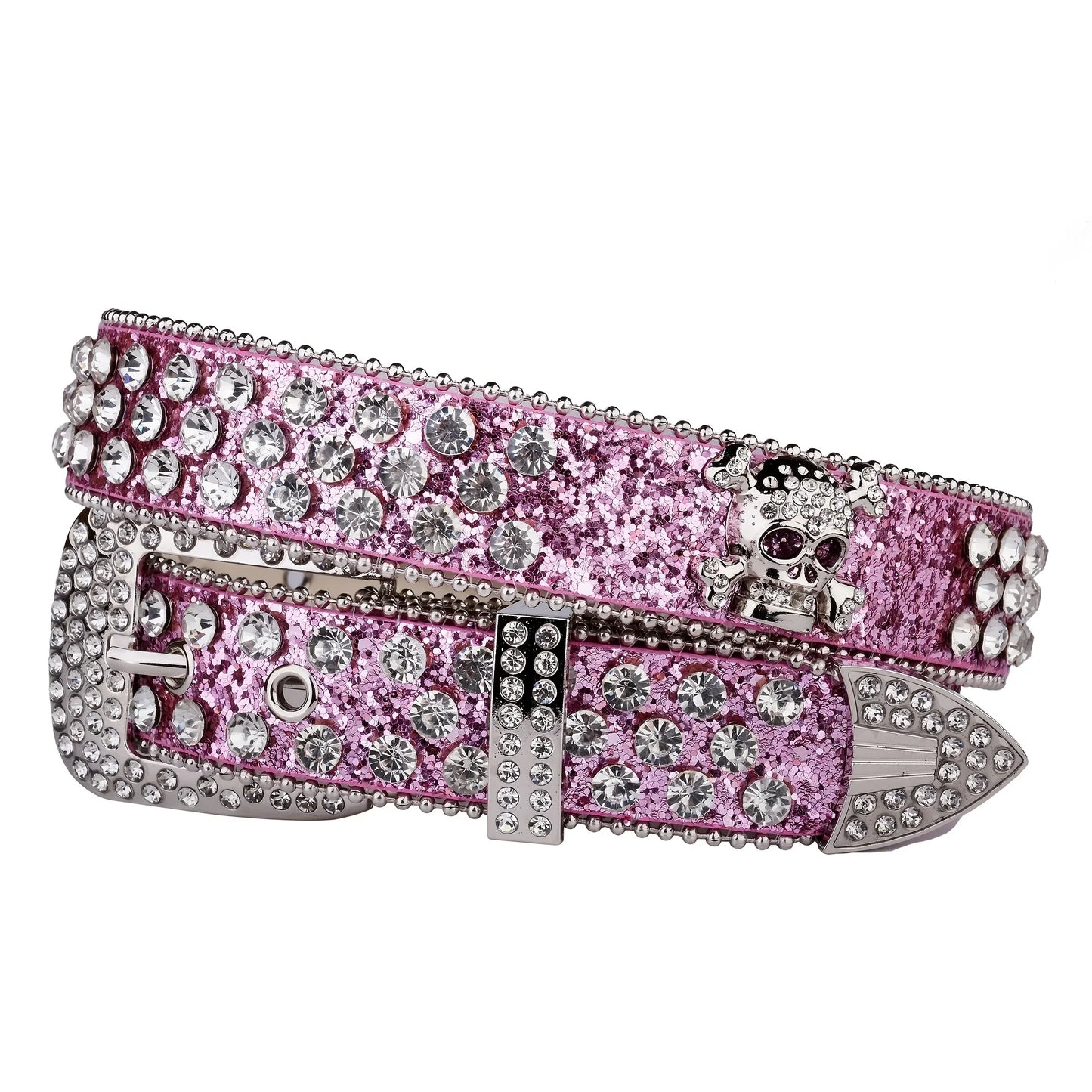 Rhinestone Skull Belt with Studded PU Leather Country or Punk Belt. Also in Silver and Pink PU Leather