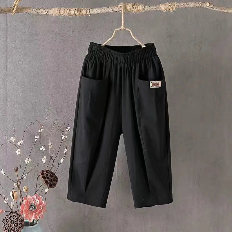 Cotton Linen Cropped 3/4 Length Pants, Loose, Linen with Elastic Waist and Pockets