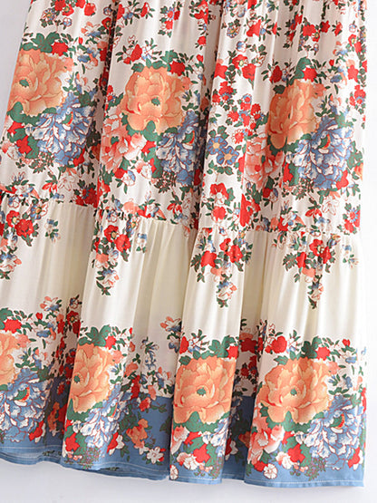Vintage Chic Bohemian Floral Print  Hippie Skirt High Elastic Waist Maxi Skirt