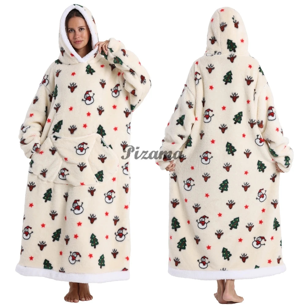 Super Long Flannel Pullover Night Shirt with Pocket and Hood, Super Snuggly for Men and Women, 12 Different Prints