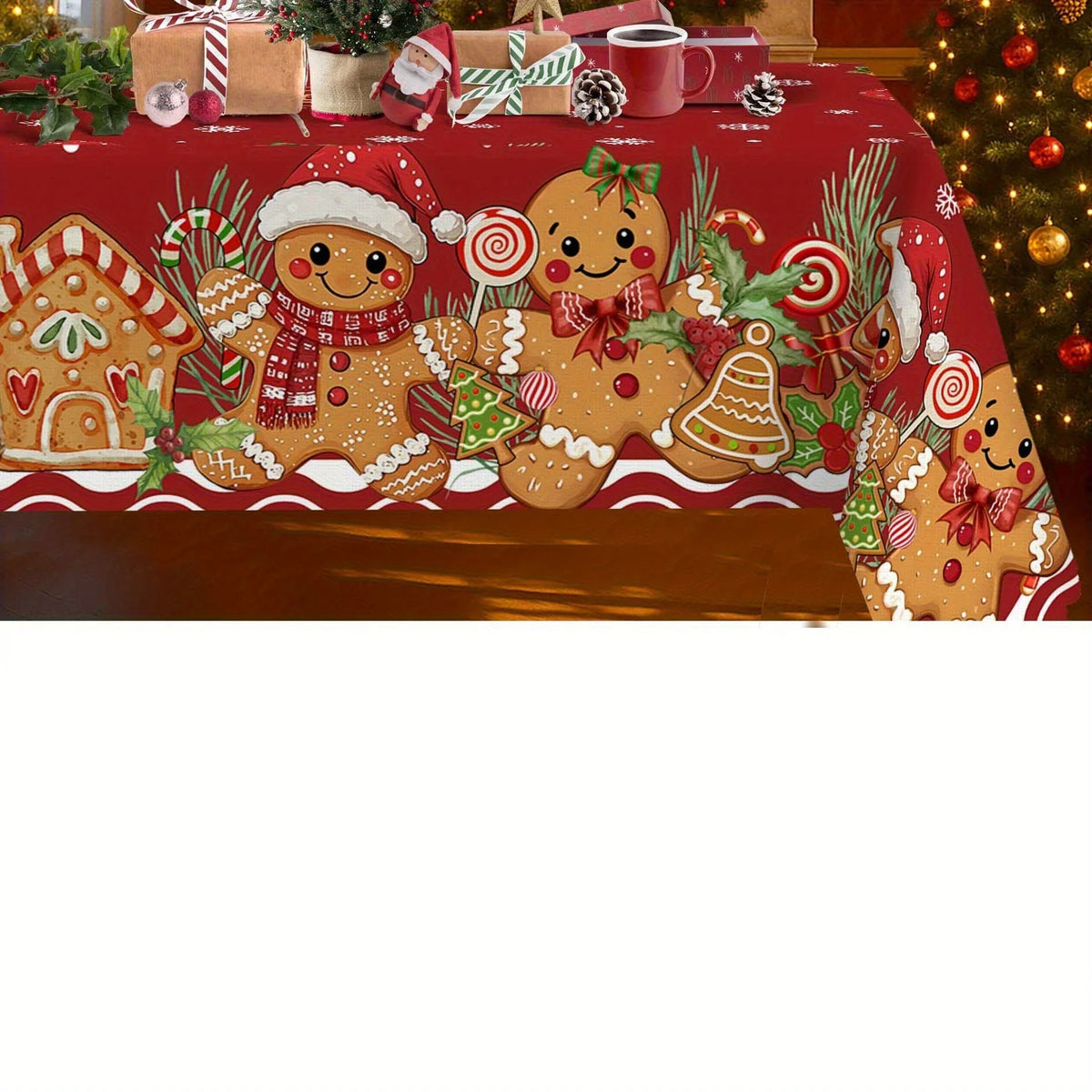 Festive Red Christmas Gingerbread Tablecloth