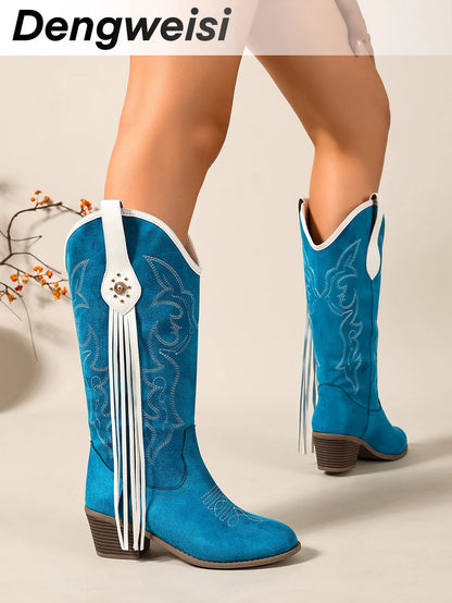 Pointed-Toe Chunky Heel Western High Boots in Lake Blue with Embroidery, White Tassels, and Rivets, Selling Fast