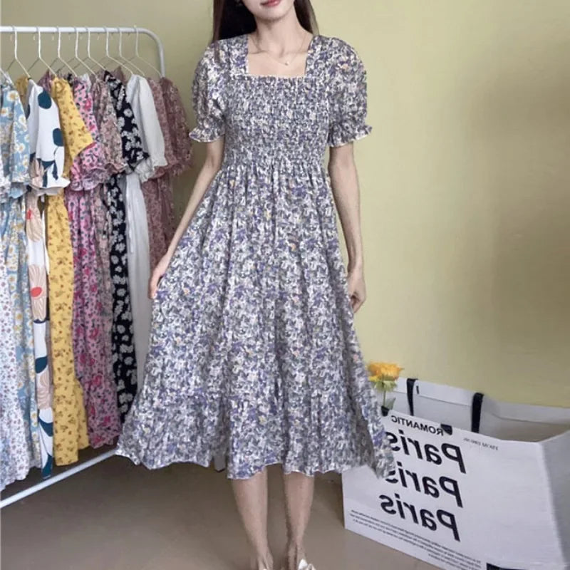 14 Patterns Elastic Waist Chiffon Dress  Short Sleeve Pleated A-line Dresses