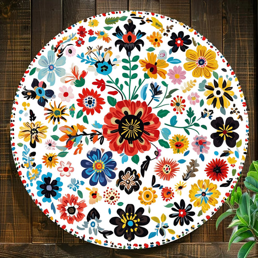 Boho Folk Floral Pattern. Vintage Durable Metal Plaque Wall Decor. Colorful Bohemian Home Wall Art