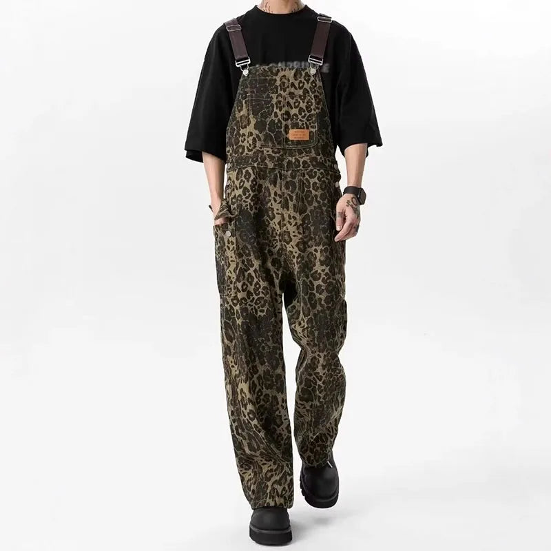 Sizes to 3XL Retro Leopard Print Workwear Overalls Jumpsuit Large Pocket Straight Wide Leg Denim Pant