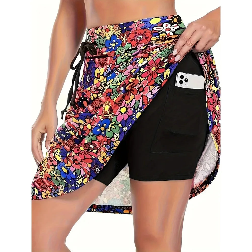 Sizes 1XL-5XL High-Waisted Slim-Fit, A-Line Printed Skorts, A-line Mini Skirt with a Phone Pocket