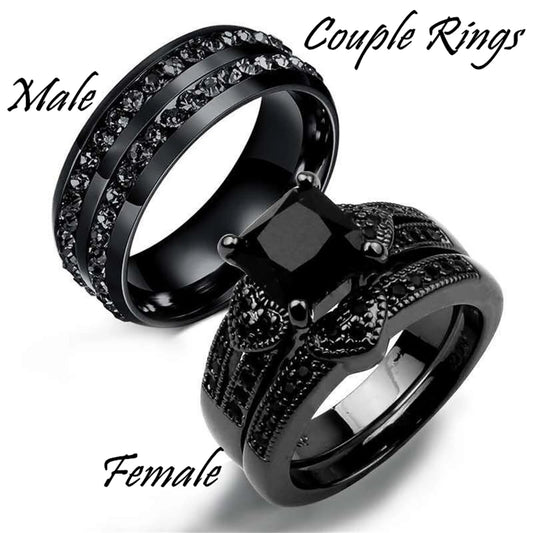 Black Stainless Steel Ring Sets, Women's Black Stone Engagement with a small heart band.  Men's is all Black Stainless Steel