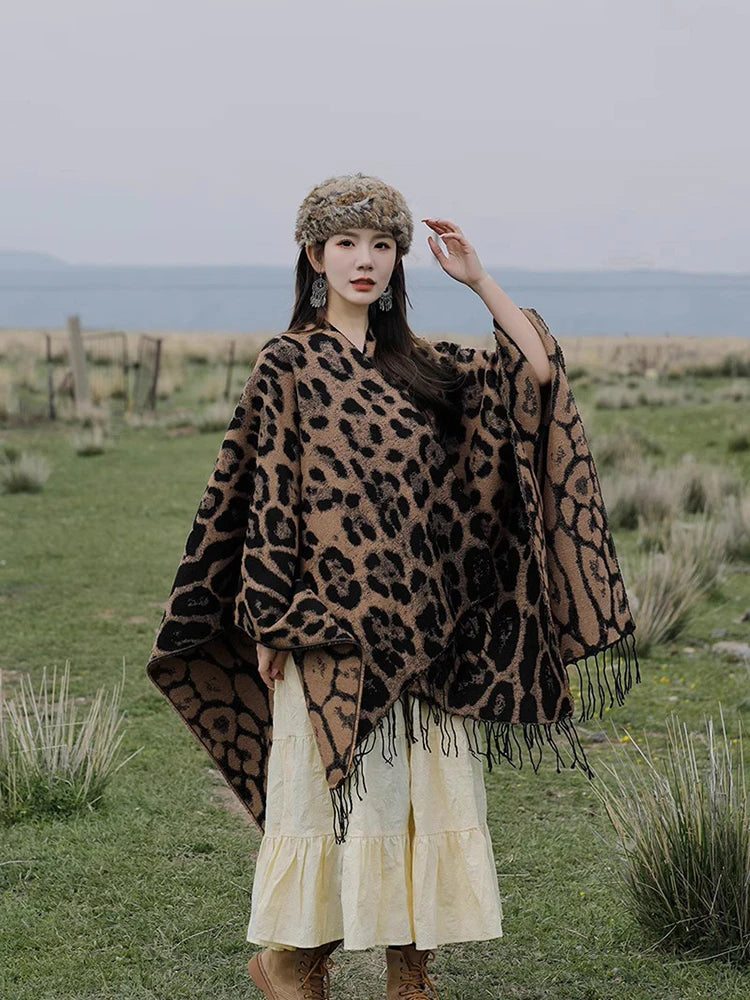 Vintage Boho Leopard Print Soft Over-the-Head Cloaks With Tassels