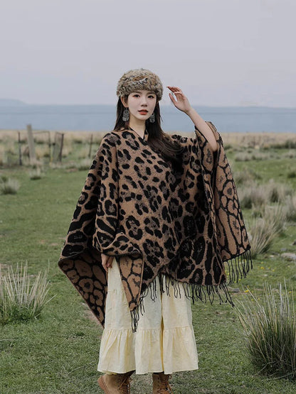 Vintage Boho Leopard Print Soft Over-the-Head Cloaks With Tassels