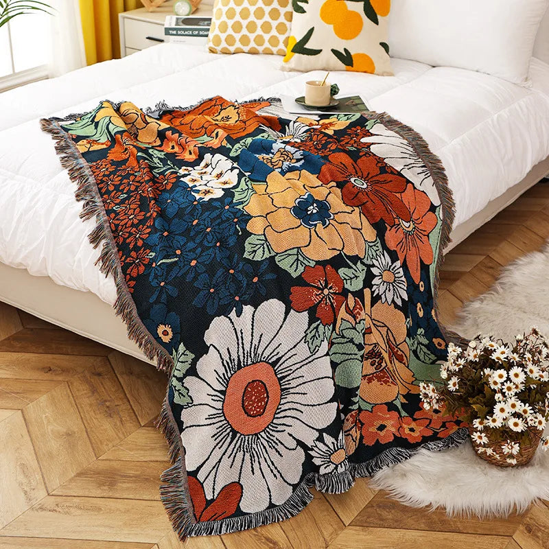 Boho Vintage Floral Jacquard Throw Blanket with Tassels Dark Blue Woven Tapestry