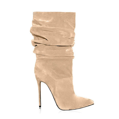 Women Beige Suede Slouch Pointed Toe Stiletto Ankle Boots in Multi-colors: Red, Hot Pink, Grey, Black, Green, Brown, and Purple