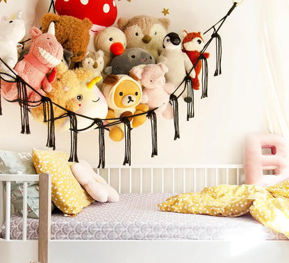 9 different colors of this Boho Macrame Stuffed Animal Hammock Cotton Tassel Toy Storage Net, Hanging Organizer