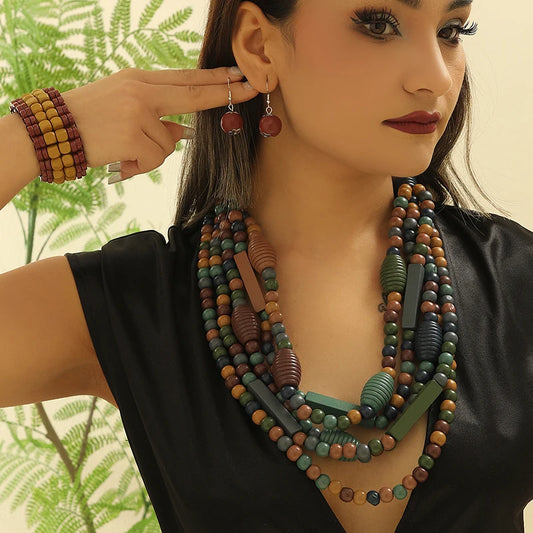 Multi-layered Boho Beaded Necklace Handmade Wooden Beads Necklace Earrings Bracelet Jewelry Set
