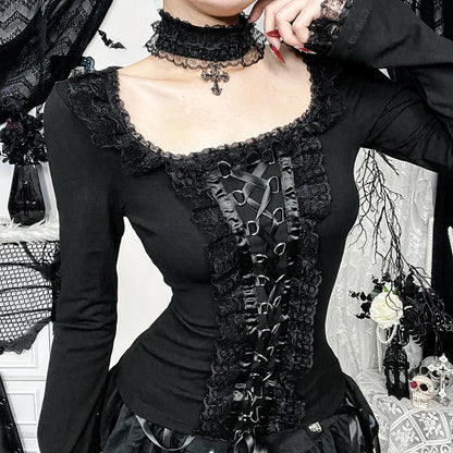 Goth Black Lace Trim Long Sleeve Vintage Sexy Lace-up Top with Choker Cross