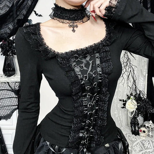 Goth Black Lace Trim Long Sleeve Vintage Sexy Lace-up Top with Choker Cross