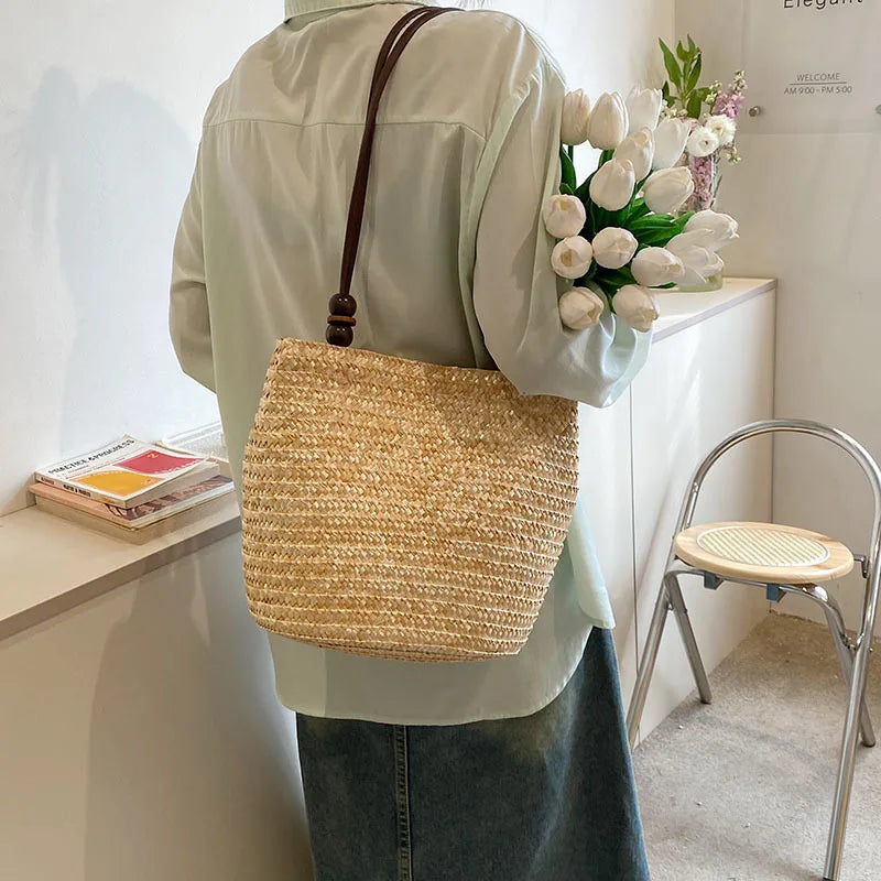 Casual Straw Woven Shoulder Bags, Handmade Wicker Handbags in 3 colors