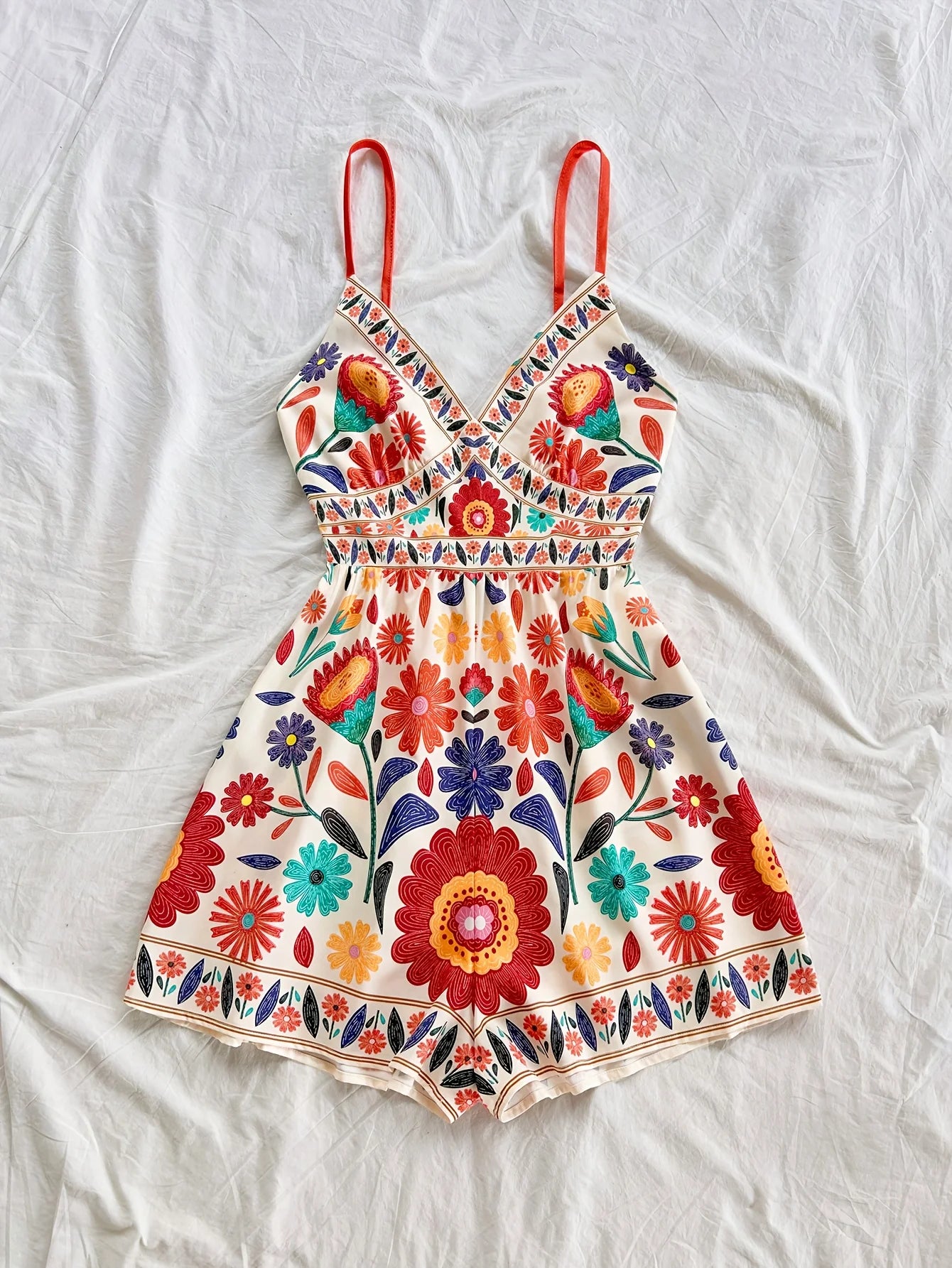 Bohemian Printed Jumpsuit, Fitted top with Elastic Back and spaghetti straps, High Waisted, Loose Bottoms