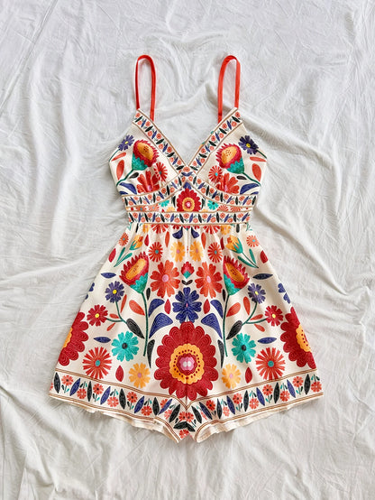 Bohemian Printed Jumpsuit, Fitted top with Elastic Back and spaghetti straps, High Waisted, Loose Bottoms