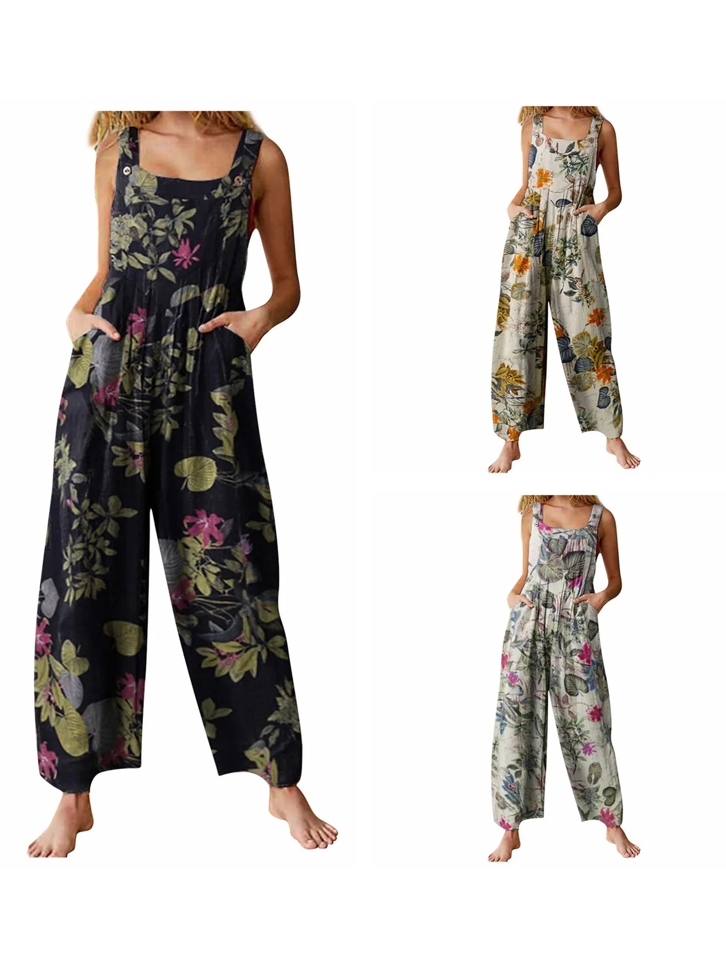 Floral Print, Square Neck, Sleeveless, Casual Overalls with Pockets