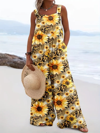 Sizes to 5XL   Square Neck Flower Print Sling jumpsuit with Pockets
