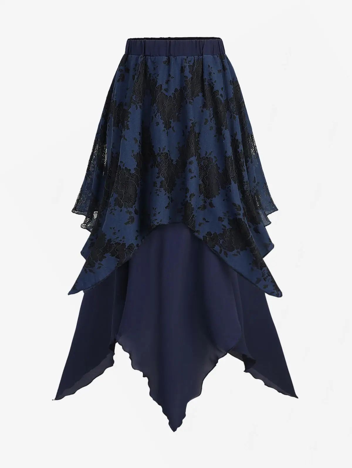 Sizes to 5XL Gothic Asymmetrical Skirt with Layered Lace Overlay, Handky Hem, Flowy Maxi Skirt Black, Deep Red, and White