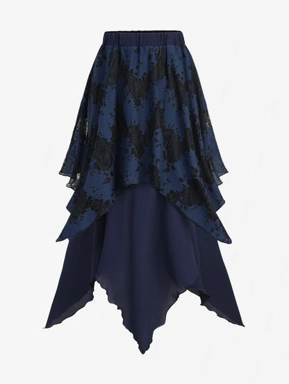 Sizes to 5XL Gothic Asymmetrical Skirt with Layered Lace Overlay, Handky Hem, Flowy Maxi Skirt Black, Deep Red, and White