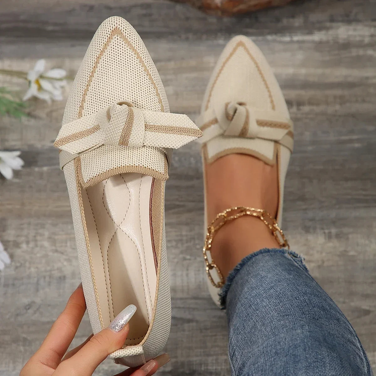 Women's Flats Knitted Slip-On, Breathable, Comfortable, 2-Toned Shoes, Casual Pointed Toe Loafers