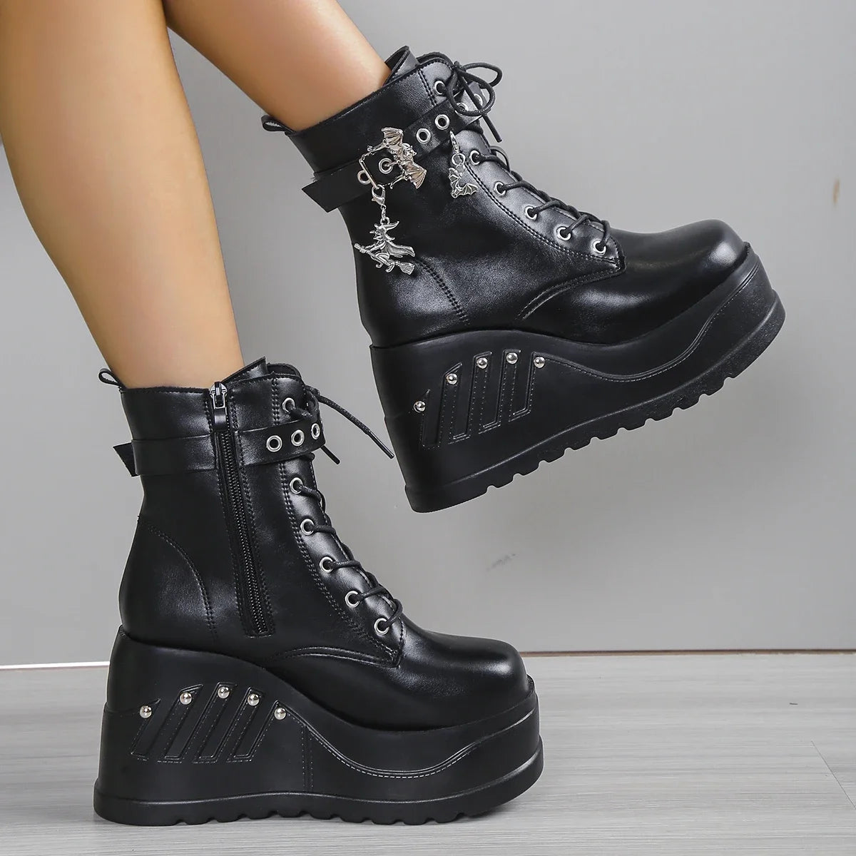 Punk Goth Platform Heels Wedge Heeled Boots, Tie and Strap Closures
