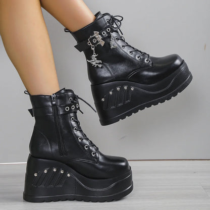 Punk Goth Platform Heels Wedge Heeled Boots, Tie and Strap Closures