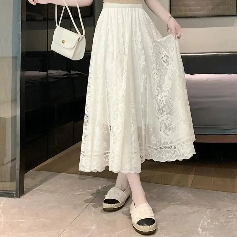 Plus Size to 4XL Lace Midi Skirt  Elastic Waist