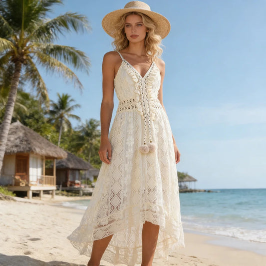 Bohemian Summer Casual V Neck Lace Spaghetti Strap Sundress with High/Low Hem