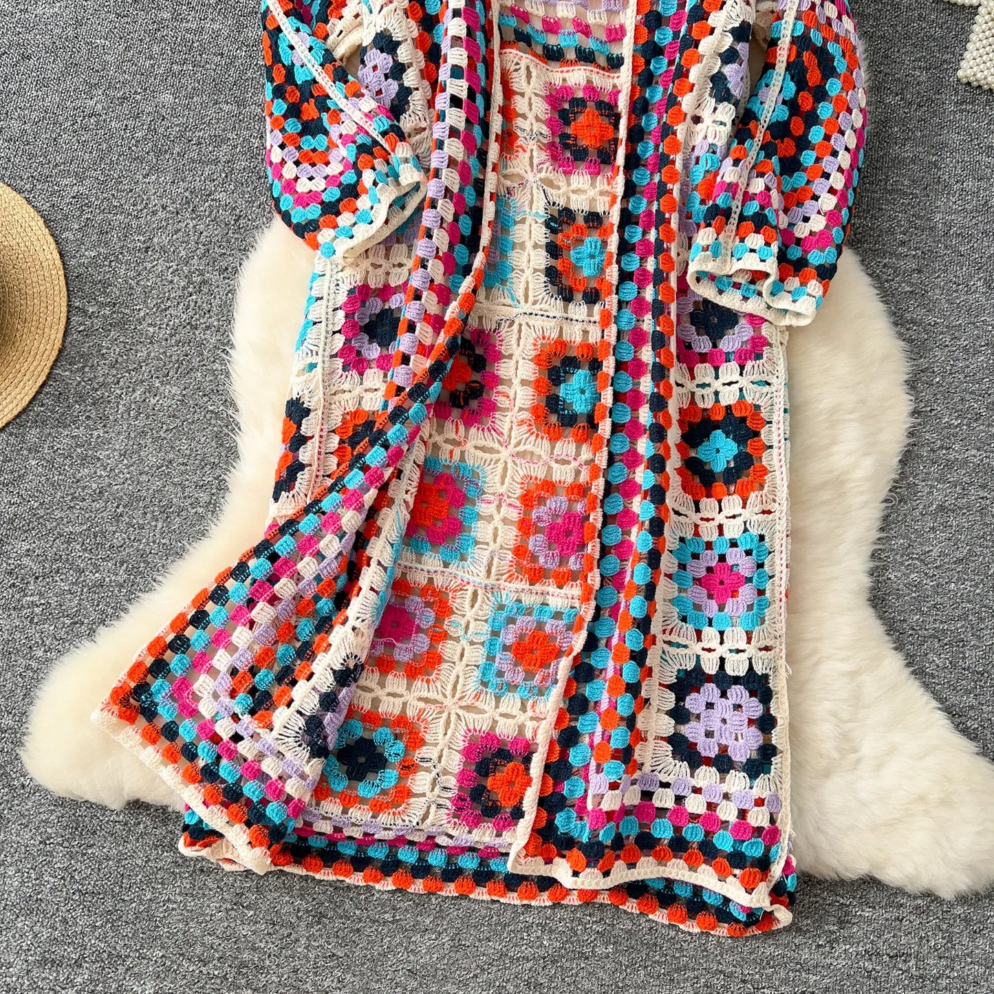 Boho Crocheted Knit Cardigan Midi Length