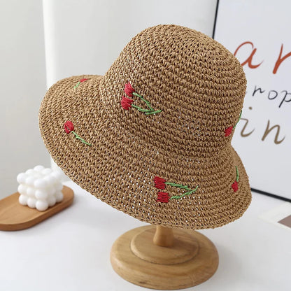 Wide Brim Crocheted Cherry Bucket Hat