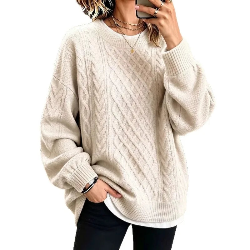 Sizes to 3XL Retro Cable Knit Sweater, Round Neck, Loose Pullover, Casual Long Sleeve Top. Comes in 9 Colors