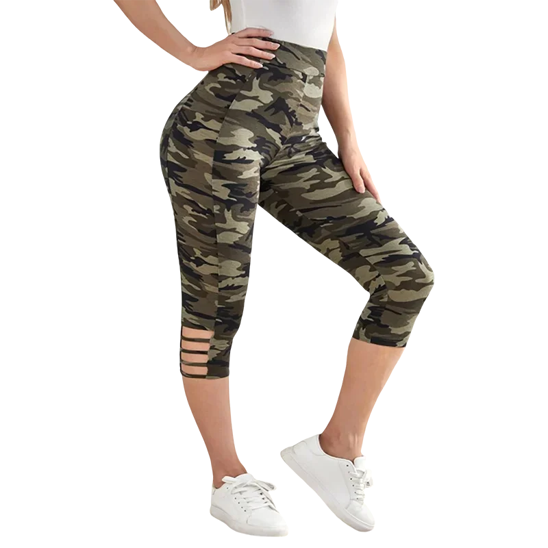 Plus Size to 4XL Women's Camo Capri Leggings with Side Stripe Cutouts High Elasticity Knit