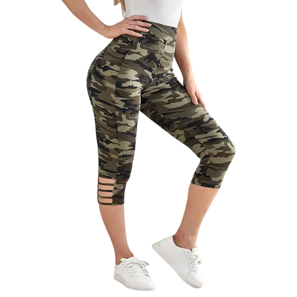 Plus Size to 4XL Women's Camo Capri Leggings with Side Stripe Cutouts High Elasticity Knit