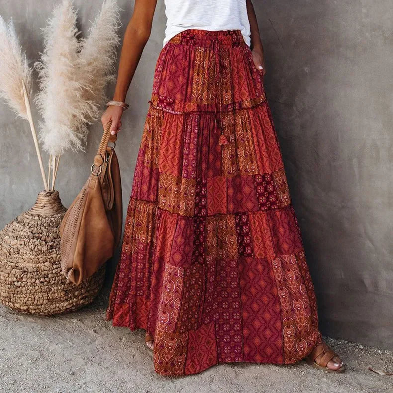 Bohemian Long Skirt with  Elastic High Waist, Tiered A-line with Pockets