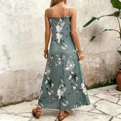 Boho Sizes to 5XL  Floral Print, Spaghetti Straps, Loose Maxi Dress with a Flared skirt