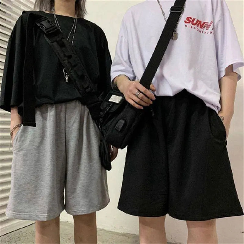 Loose, Elastic Waist Shorts, Casual Wide Leg Pants,  Vintage Fashion Sweatpants in Grey and Black Pockets