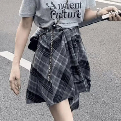 Sporty Street Style with Ruffle and Bow Tie Asymmetrical Hankie Hemline Elastic Waist, Plaid Patterned Skirt--Sizes 58 Centimeter Waist