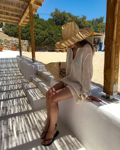 Solid Color Beach Knit Mini Dress, Long Sleeve Swimsuit Cover Up, Boho Holiday Loose Overwear