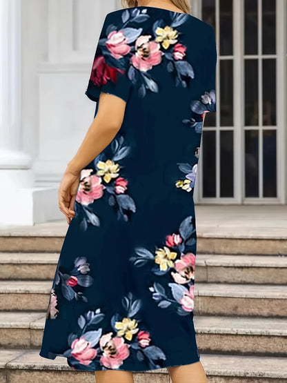 Loose Casual Floral Printed Dress with Pockets, Short Sleeves, and a Scoop Neck