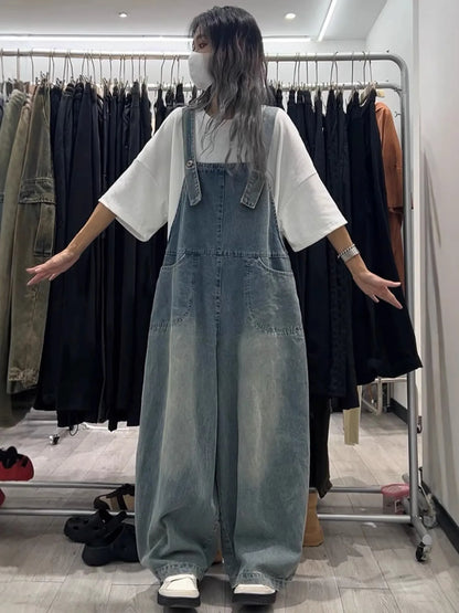 Retro Light Wash Denim Overalls for  Loose High Waist Baggy Leg Jumpsuit with Big Pockets