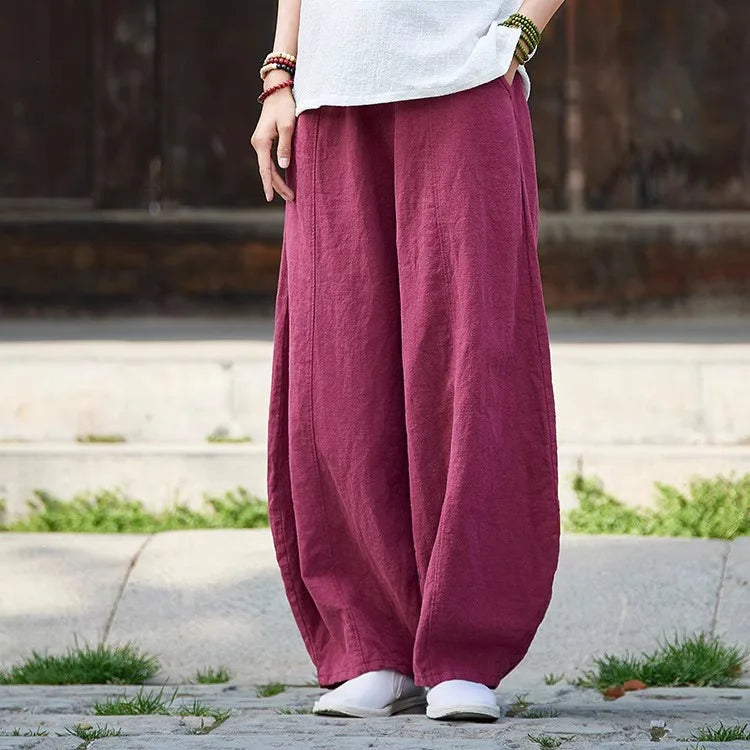 Up to 4XL Vintage Cotton Linen Blend Wide Leg Pants with elastic Waist and Pockets