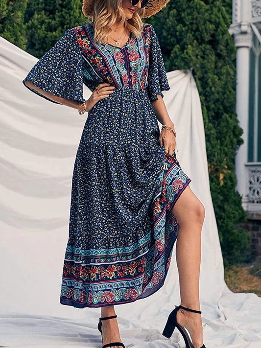 Maxi Length Boho Print Short Bell Sleeves V Neck High Waisted