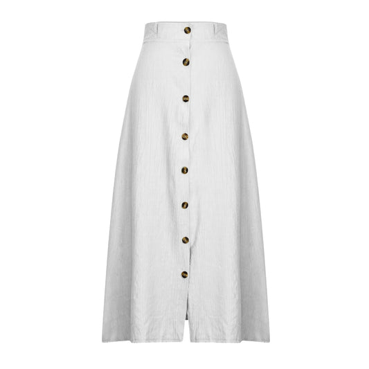 Size to 5XL Button Front Solid Color Split, A-line Mid-waist Long Skirt in White, Green, Navy, Black, and Salmon Colors