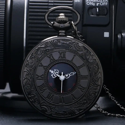 Vintage Charm Black Unisex Fashion Roman Numeral Quartz Steampunk Pocket Watch with Necklace chain