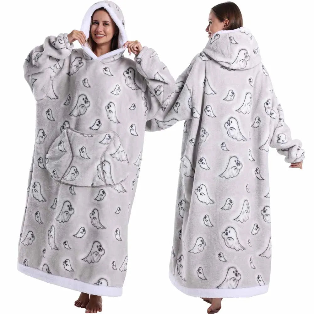 Super Long Flannel Pullover Night Shirt with Pocket and Hood, Super Snuggly for Men and Women, 12 Different Prints