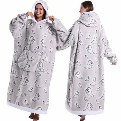 Super Long Flannel Pullover Night Shirt with Pocket and Hood, Super Snuggly for Men and Women, 12 Different Prints